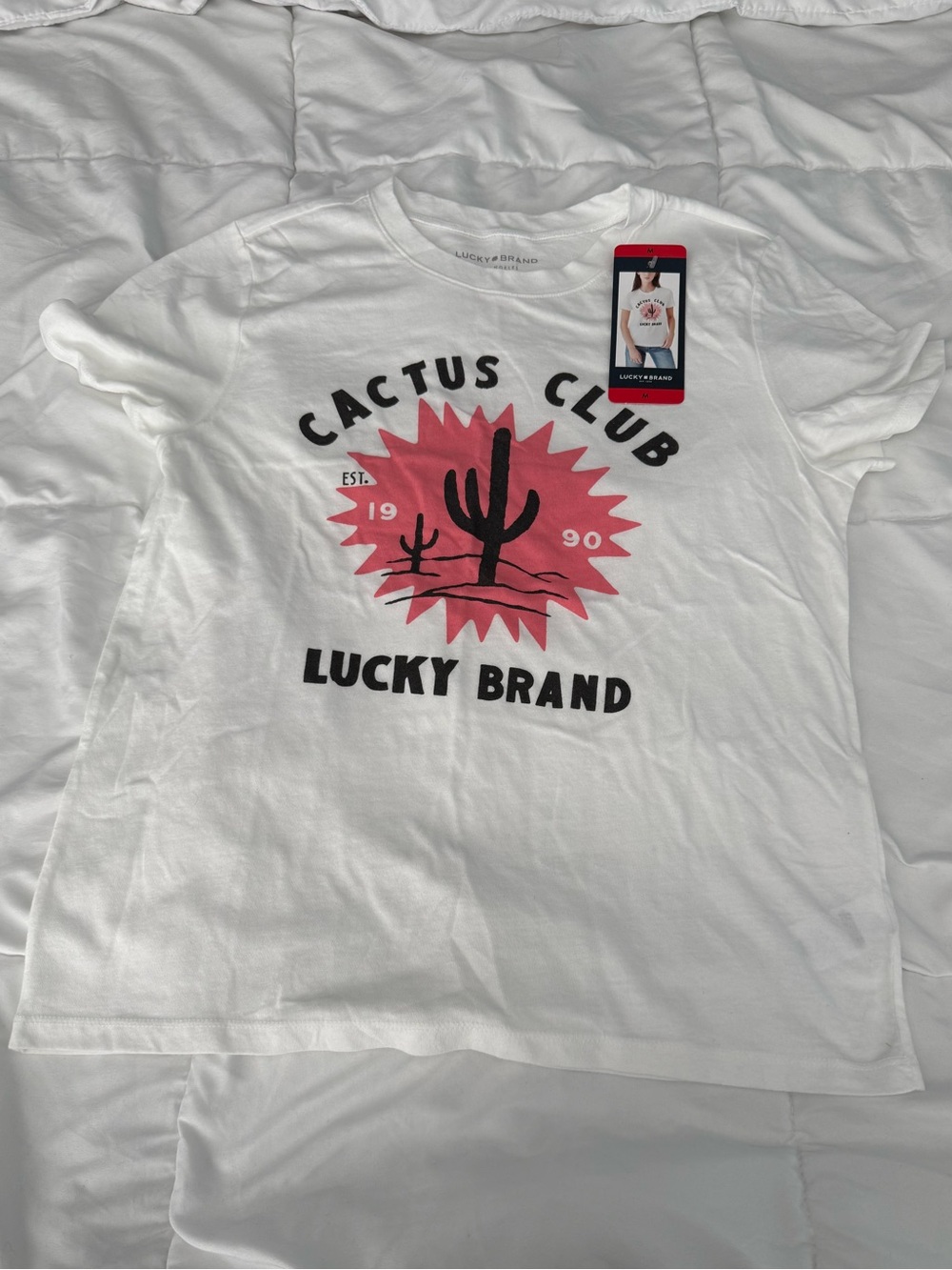 Lucky Brand White Short Sleeve Tee with Pink Cactus Graphic